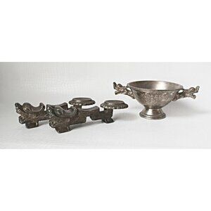 Vintage Chinese Nickel Silver Dragon Chopstick Rest & Spoon Rest Goblet Serving
